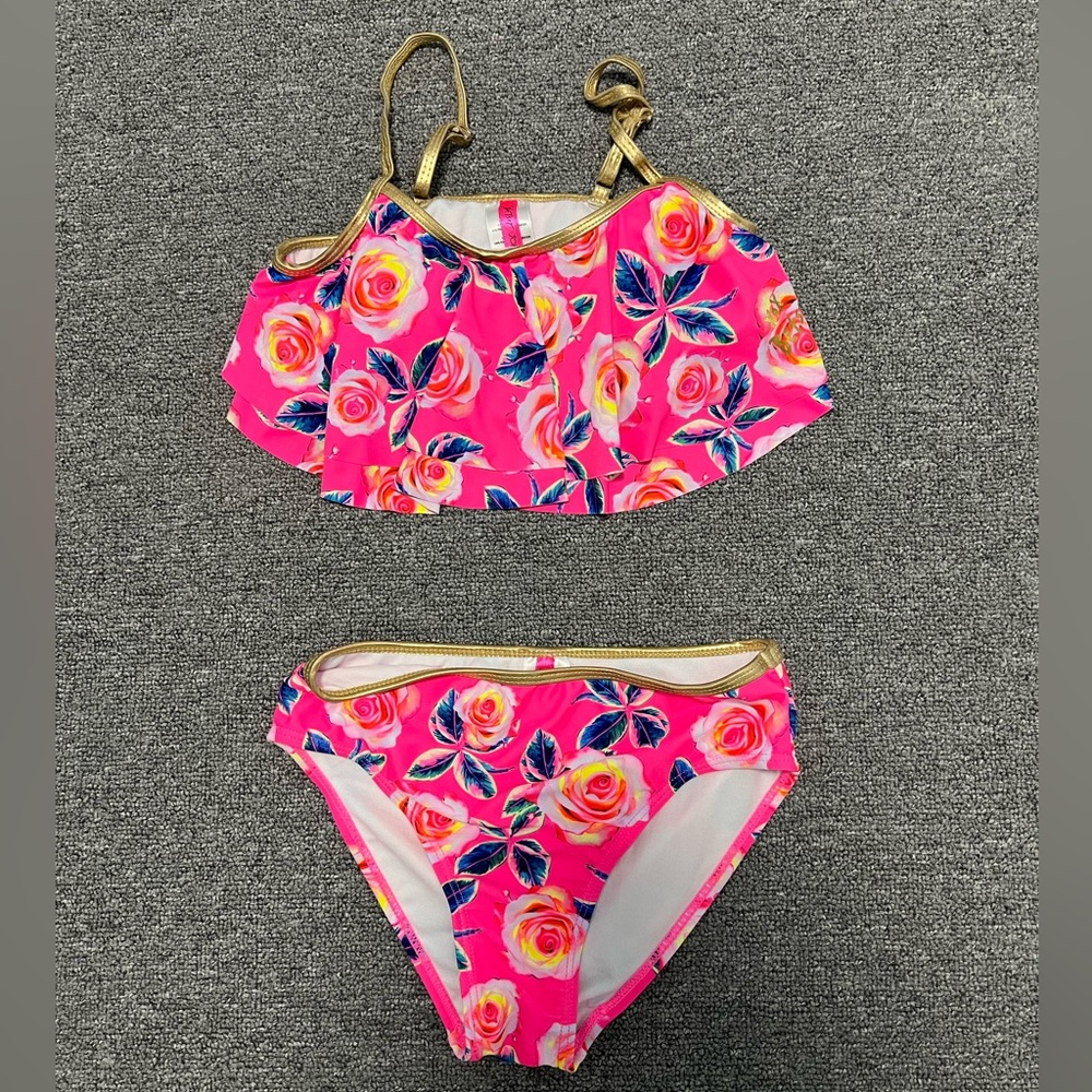 Betsey Johnson Pink and Gold Floral Bikini Girl 10T